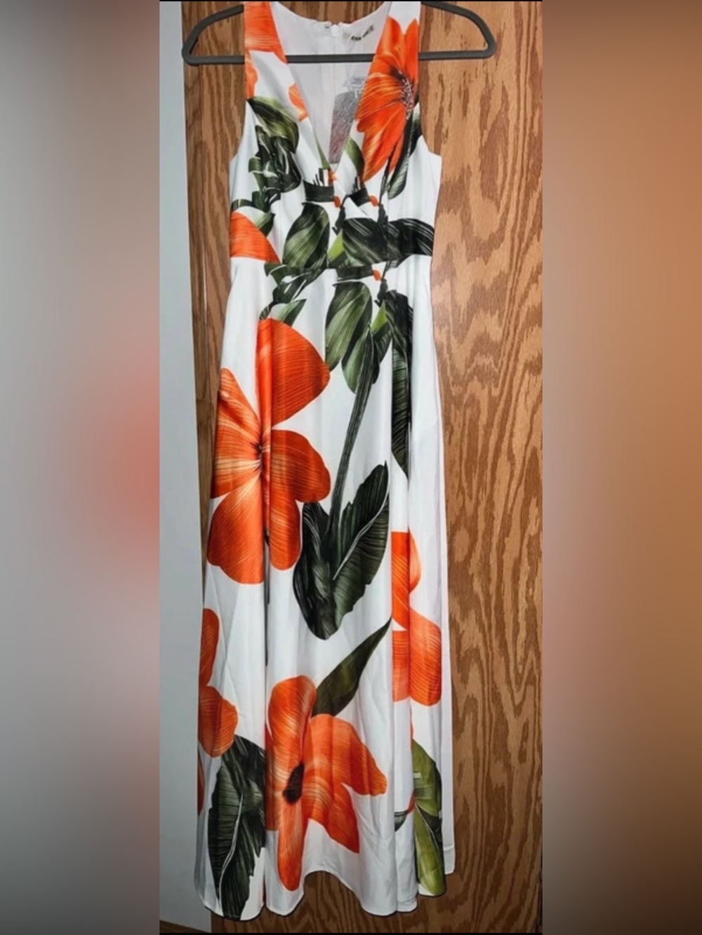 Fehaute Orange Floral Satin V Neck Sleeveless A-Line Maxi Dress With Pockets sz2